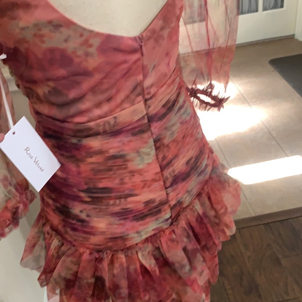 Multicolored pink floral graphic runched tulle bodycon mini dress - Picture 12 of 16